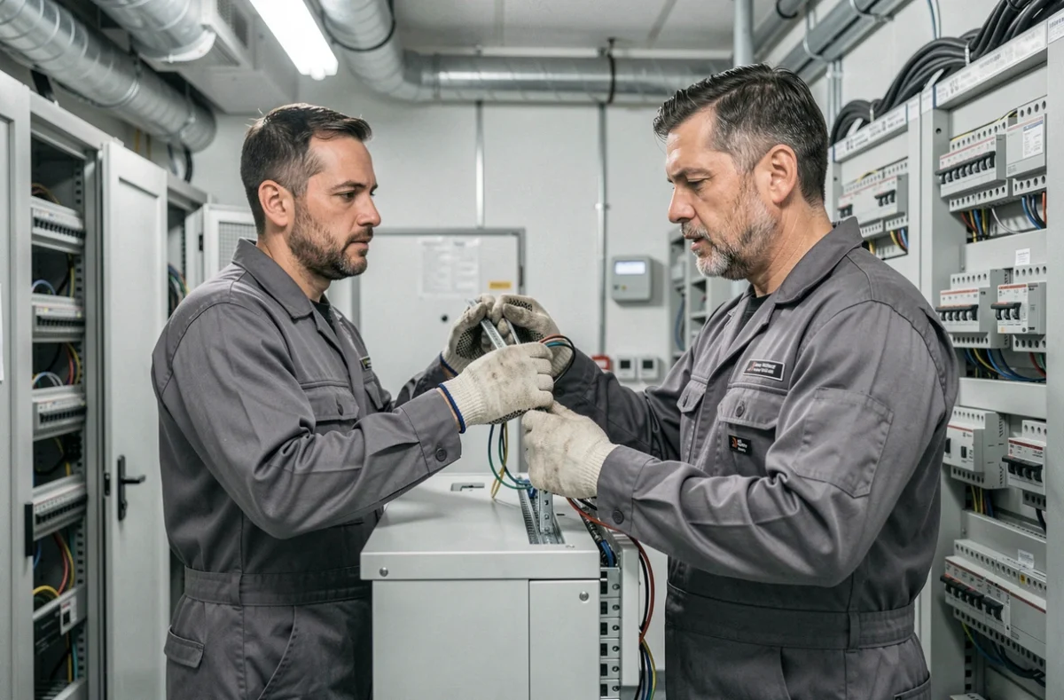Deux techniciens installant une armoire de distribution électrique modulaire dans un local technique sécurisé