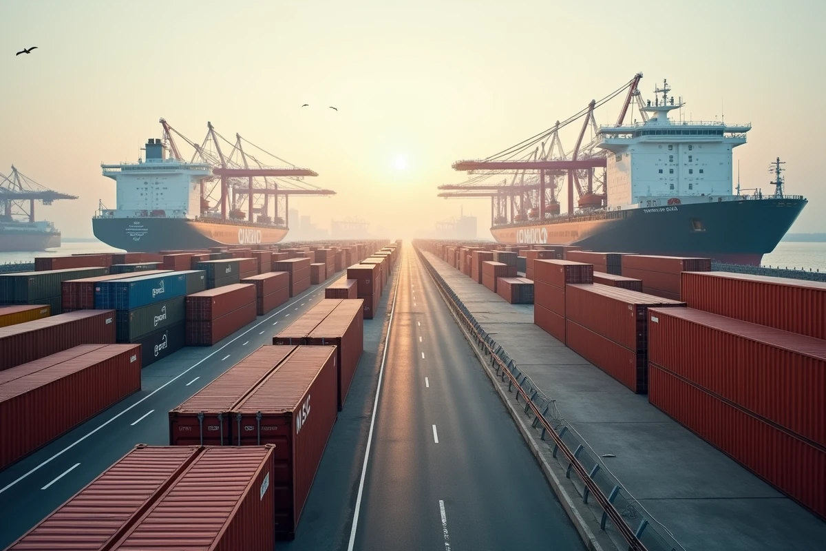 Terminal portuaire international avec navires MSC amarrés et conteneurs empilés illustrant le suivi de fret maritime