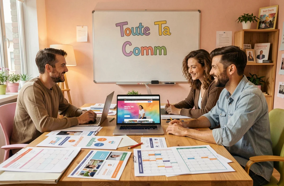 Équipe créative de Toute Ta Comm travaillant sur des maquettes web et une stratégie de communication autour d'un bureau