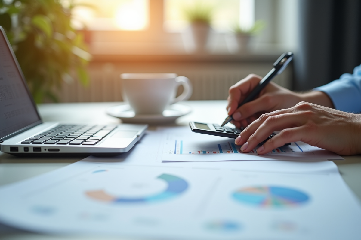 Mains utilisant une calculatrice et écrivant sur des documents financiers