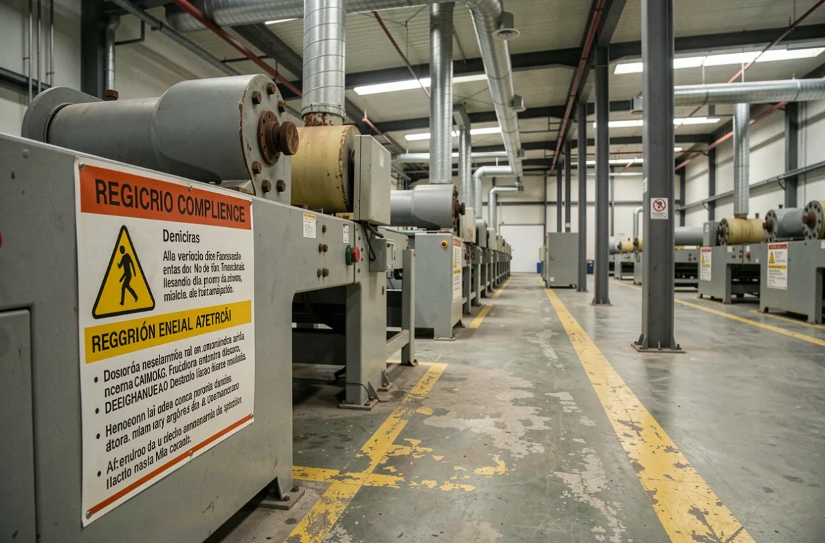 Usine de fabrication de tabac en Espagne avec signalétique de conformité aux normes européennes